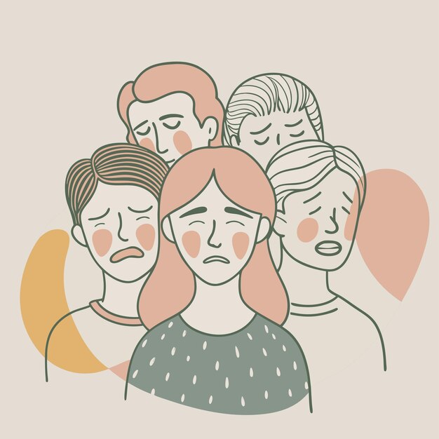 un dibujo de una mujer con una cara triste y muchos otros
