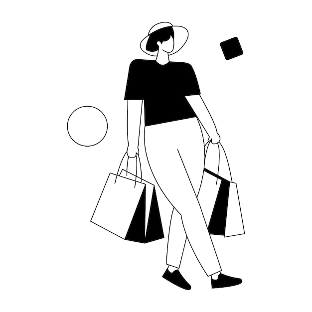 Dibujo de una mujer cargando bolsas de compras.