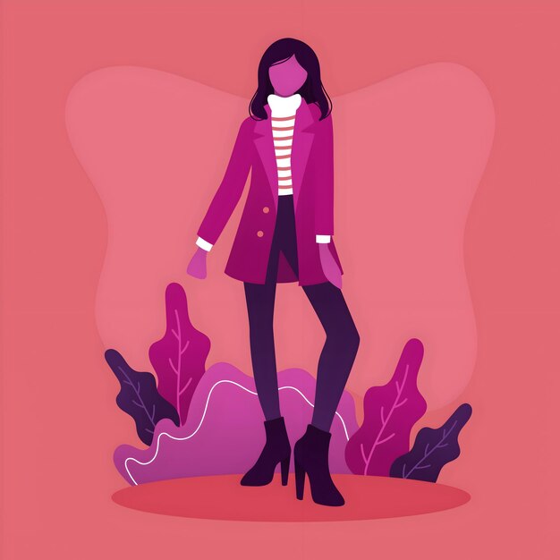 un dibujo de una mujer con una chaqueta rosa y botas