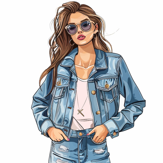 un dibujo de una mujer con una chaqueta de vaqueros con una camisa que dice citas ella con un reloj de citas
