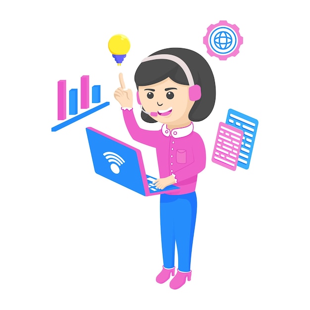 un dibujo de una mujer con una computadora y un gráfico que muestra a una mujer apuntando a una computadora