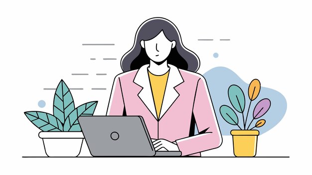 un dibujo de una mujer con una computadora portátil y una planta en el fondo
