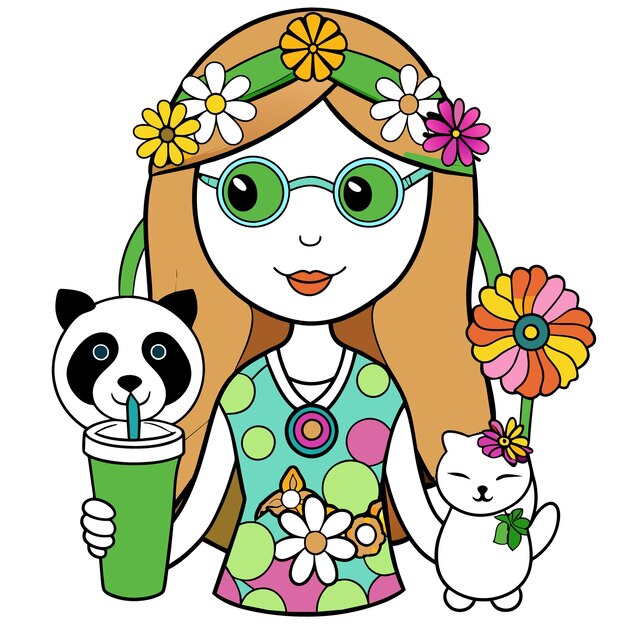 un dibujo de una mujer con dos pandas y dos pandas