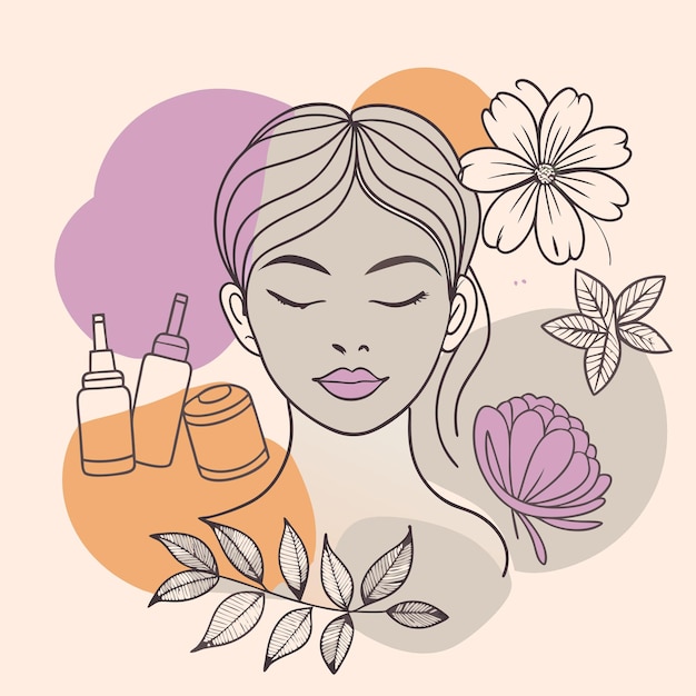 un dibujo de una mujer con flores y una botella de líquido