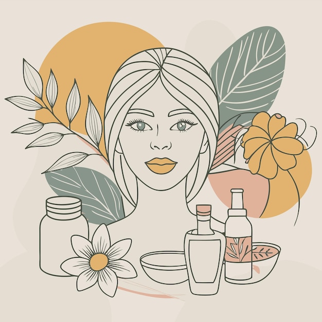un dibujo de una mujer con flores y una botella de perfume