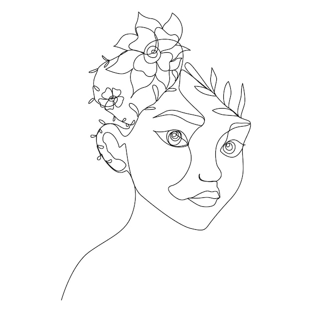 Un dibujo de una mujer con flores en la cabeza Diseño minimalista