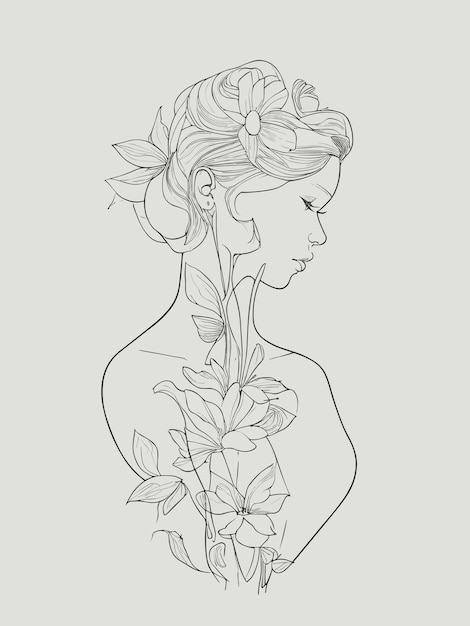 Un dibujo de una mujer con flores en la cabeza.