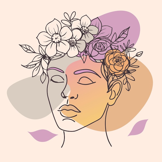 un dibujo de una mujer con flores en la cabeza