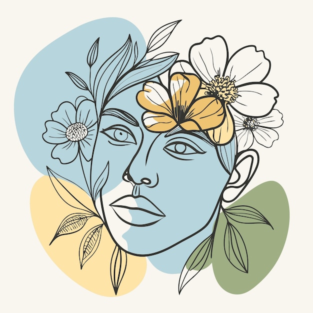 un dibujo de una mujer con flores y hojas