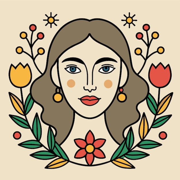 Vector un dibujo de una mujer con flores y una imagen de una mujer con una flor en el medio