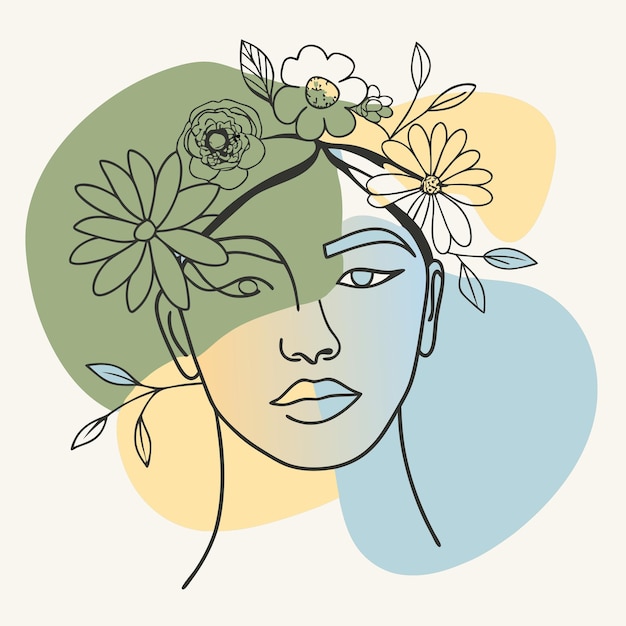 un dibujo de una mujer con flores en el pelo
