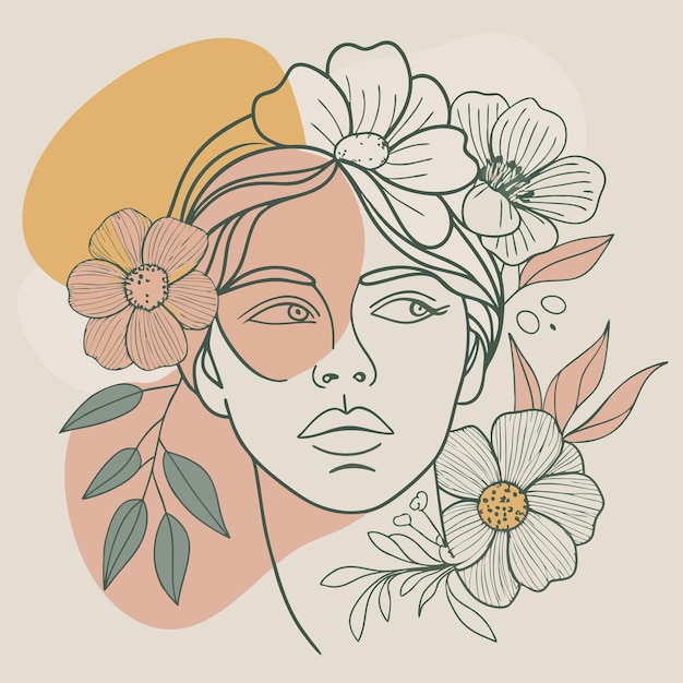 un dibujo de una mujer con flores en el pelo