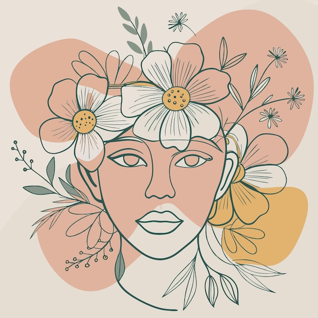 un dibujo de una mujer con flores en el pelo