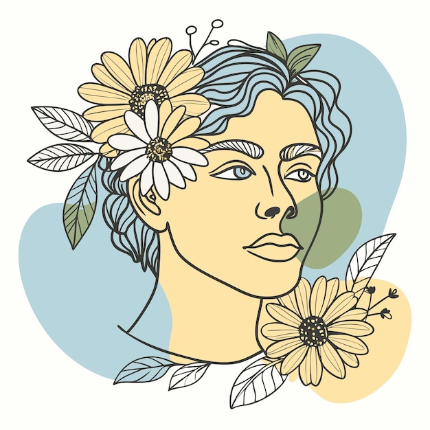 un dibujo de una mujer con flores en el pelo