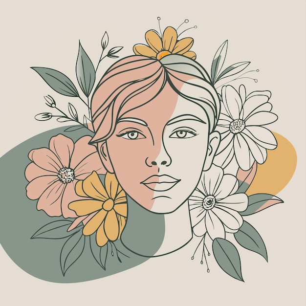 un dibujo de una mujer con flores en el pelo