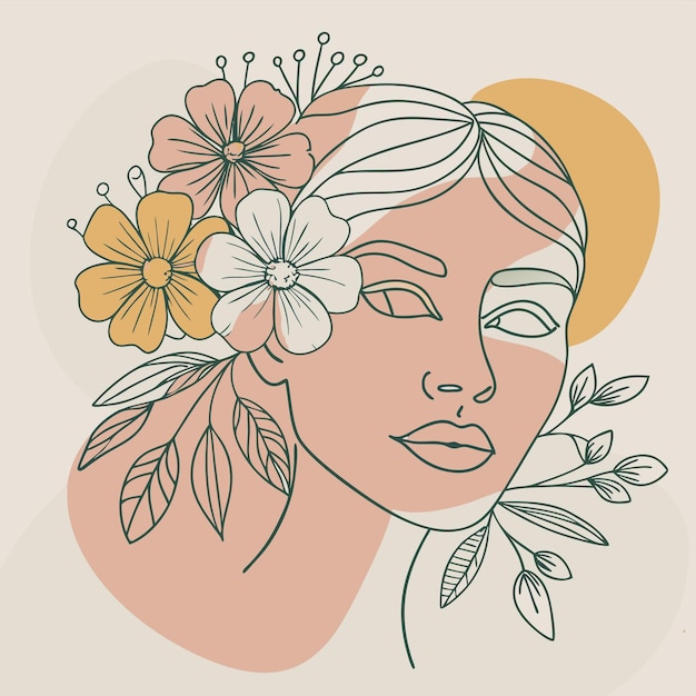 un dibujo de una mujer con flores en el pelo