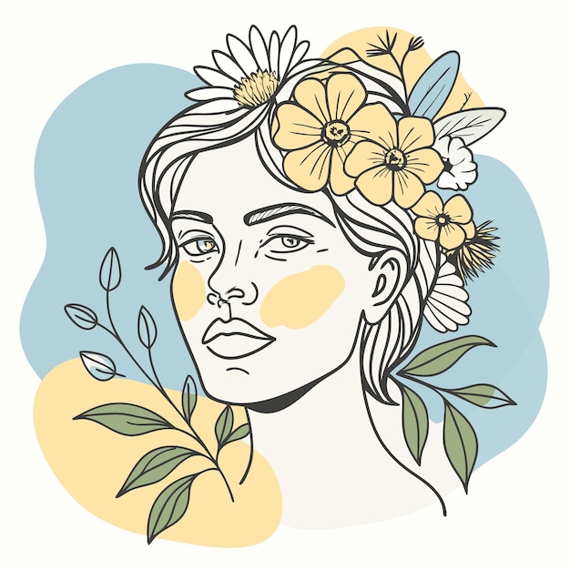 un dibujo de una mujer con flores en el pelo