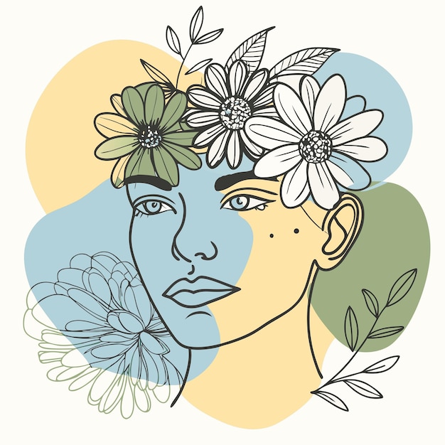un dibujo de una mujer con flores en el pelo