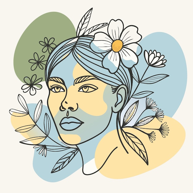 un dibujo de una mujer con flores en el pelo