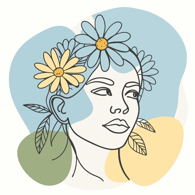 un dibujo de una mujer con flores en el pelo