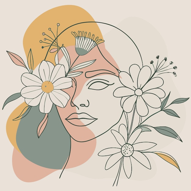 un dibujo de una mujer con flores y un rostro de mujer