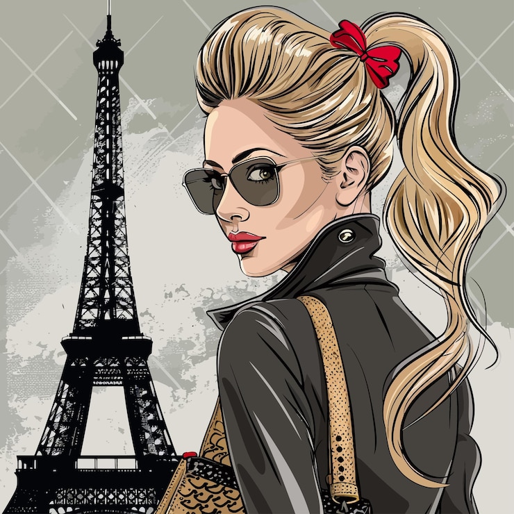 Vector un dibujo de una mujer frente a una torre eiffel