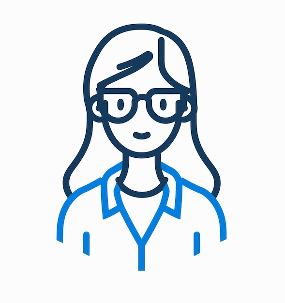 Vector un dibujo de una mujer con gafas y una camisa con un cuello azul