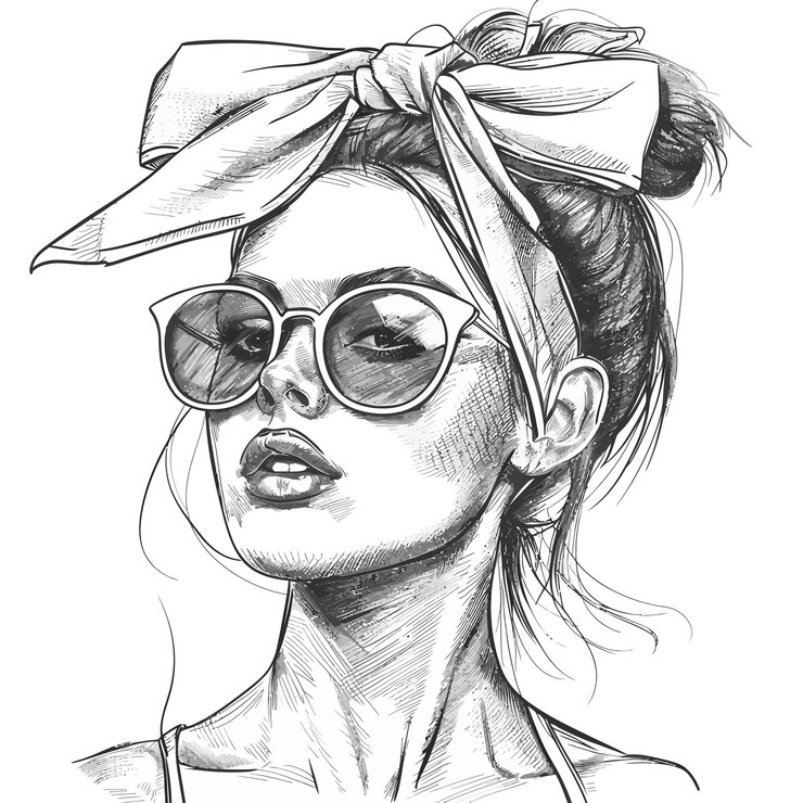 Vector un dibujo de una mujer con gafas de sol y un arco en el cabello