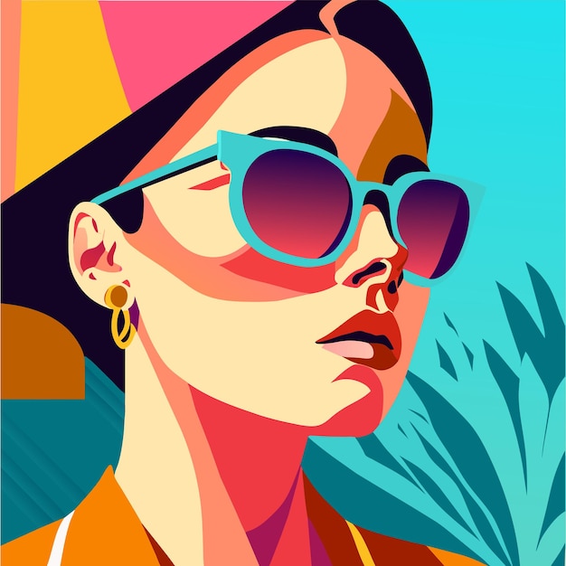 Vector dibujo de una mujer con gafas de sol en la cara y el pelo largo y rubio dibujado plano y elegante