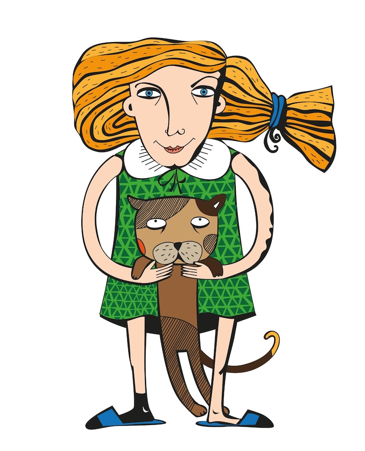 un dibujo de una mujer con un gato y un gato