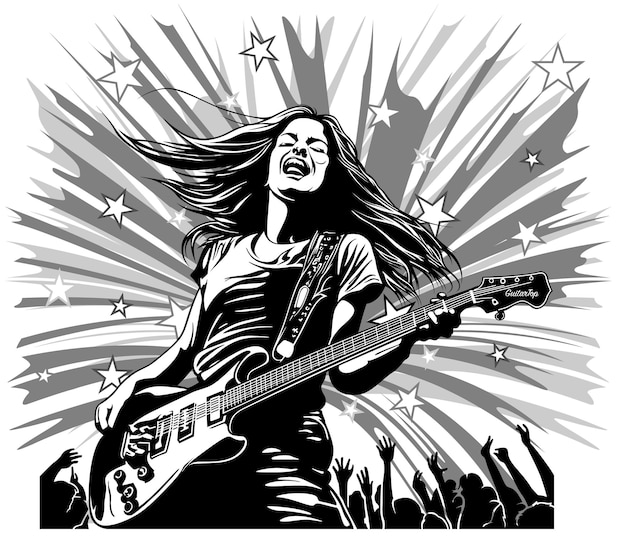 Vector dibujo de una mujer con una guitarra eléctrica