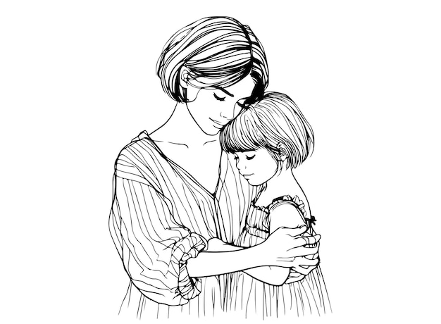 dibujo de una mujer joven una madre abrazando a su hija