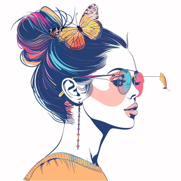 un dibujo de una mujer con mariposas en el cabello