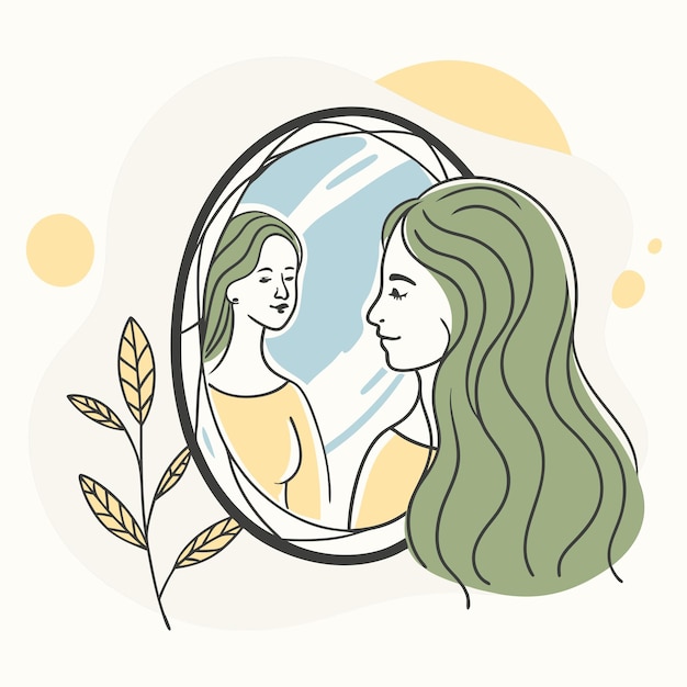 un dibujo de una mujer mirándose en un espejo con una planta en la esquina