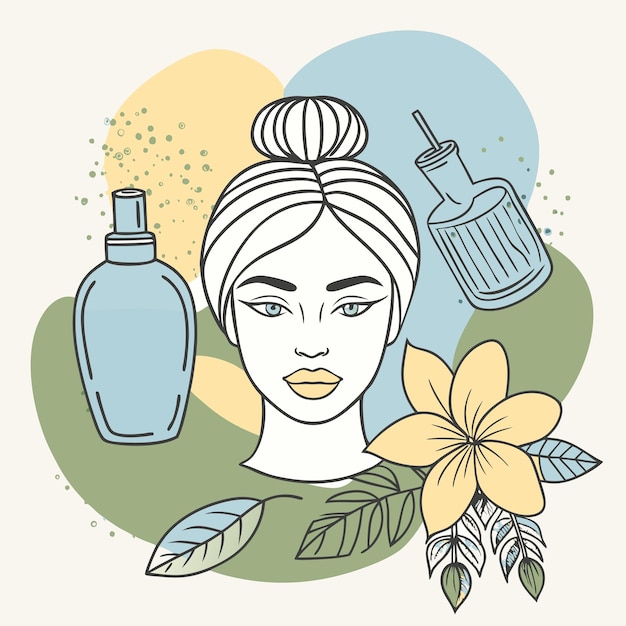 un dibujo de una mujer con muchas flores y una botella de spray