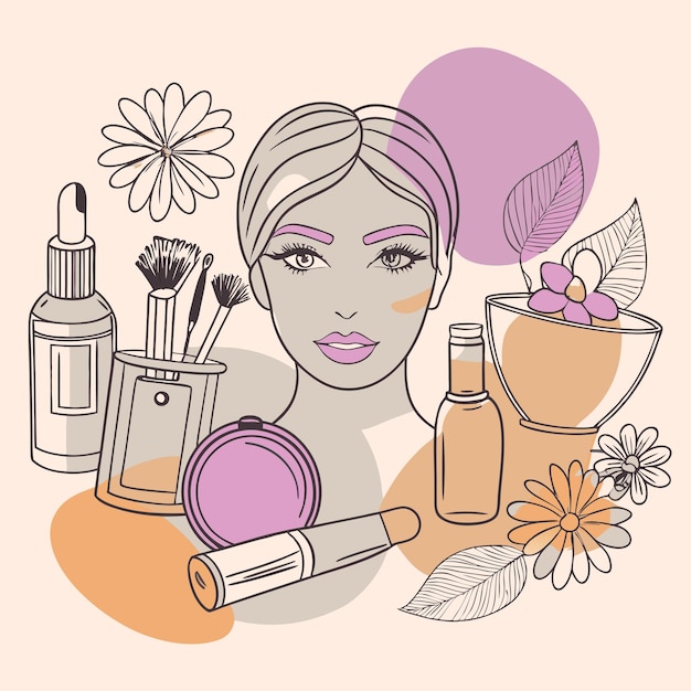un dibujo de una mujer con muchos cosméticos
