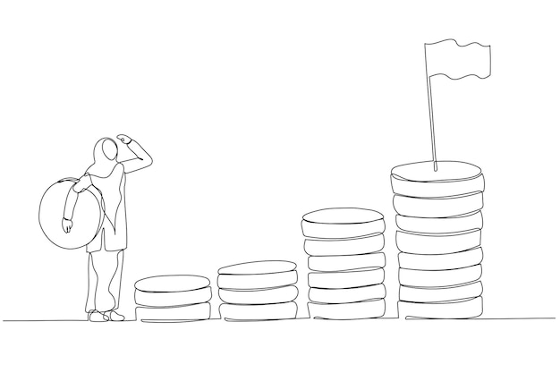 Dibujo de una mujer musulmana empresaria que lleva una moneda de dinero paso de inicio en una pila de dinero compuesta inicio de inversión Estilo de arte de línea continua única