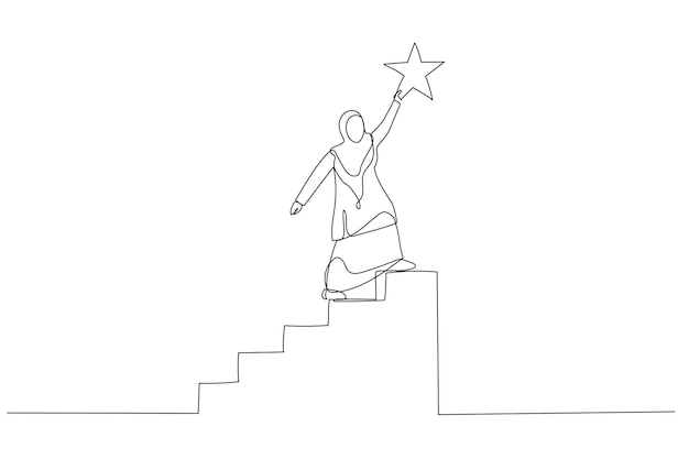 El dibujo de una mujer musulmana sube las escaleras hasta la cima para alcanzar la preciosa recompensa de la estrella