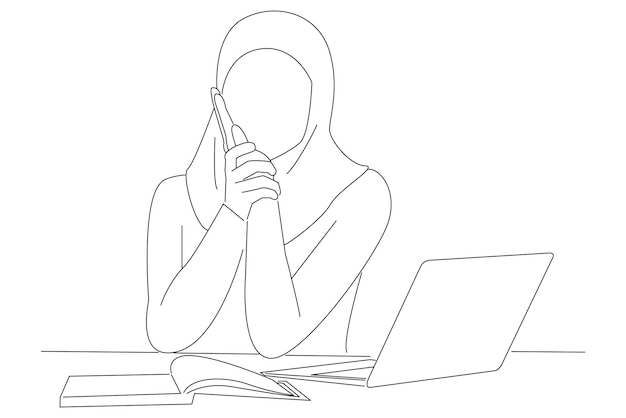 Dibujo de una mujer de negocios árabe infeliz con hiyab que sufre de dolor de muelas y caries