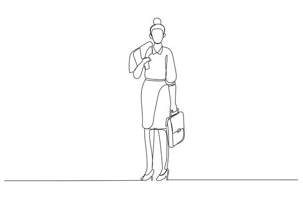 Dibujo de una mujer de negocios bastante madura sosteniendo una chaqueta y un maletín Arte de línea continua
