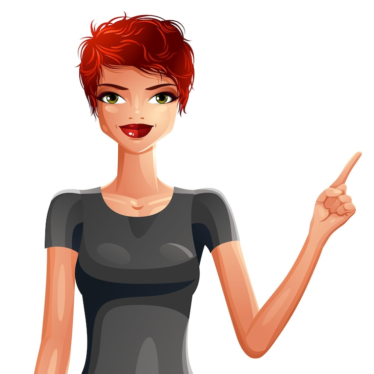 Vector dibujo de mujer de negocios con corte de pelo corto femenino de moda vectorial. ilustración vectorial de una mujer pelirroja apuntando a algo con el dedo, aislada en fondo blanco.