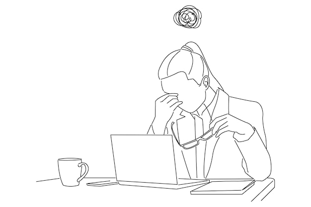 Dibujo de mujer de negocios estresada trabajando en un estilo de arte de línea portátil