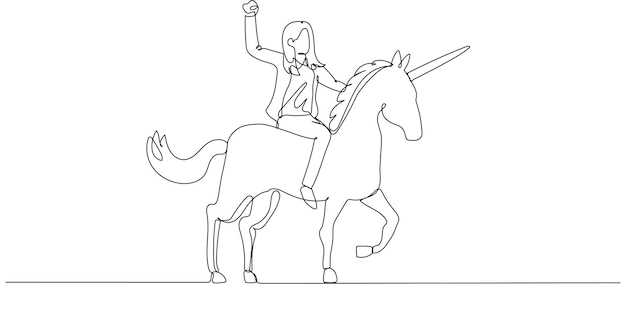 Dibujo de una mujer de negocios montando un unicornio con el caballo solo parado sobre tres pies Estilo de arte de una línea