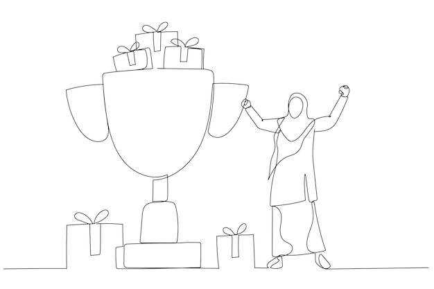 Dibujo de una mujer de negocios musulmana con una gran copa ganadora feliz con el logro Estilo de arte de una sola línea