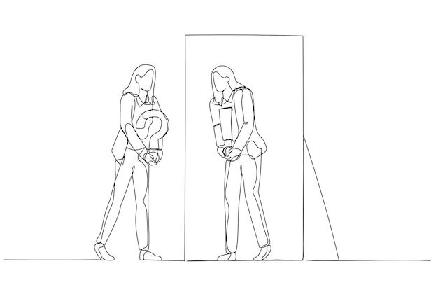 Dibujo de una mujer de negocios preguntándose a sí misma y obteniendo una respuesta después de contemplar el arte de estilo de una línea