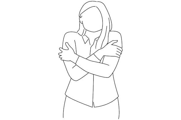 Dibujo de mujer de negocios sintiéndose incómoda caminando abrazándose temblando