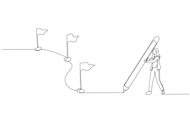 Dibujo de una mujer de negocios usando una línea de dibujo a lápiz con una bandera como hitos Estilo de arte de línea continua