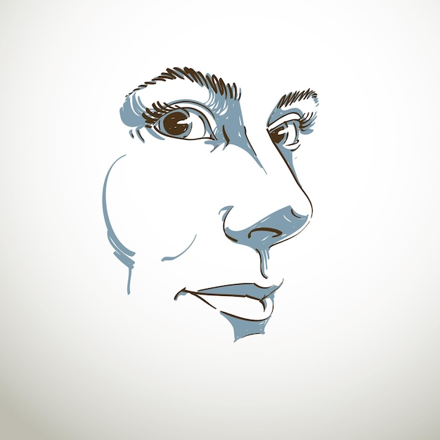 Dibujo de mujer pensativa pensando en algo vectorial. retrato en blanco y negro de una atractiva dama inmóvil, rasgos faciales.