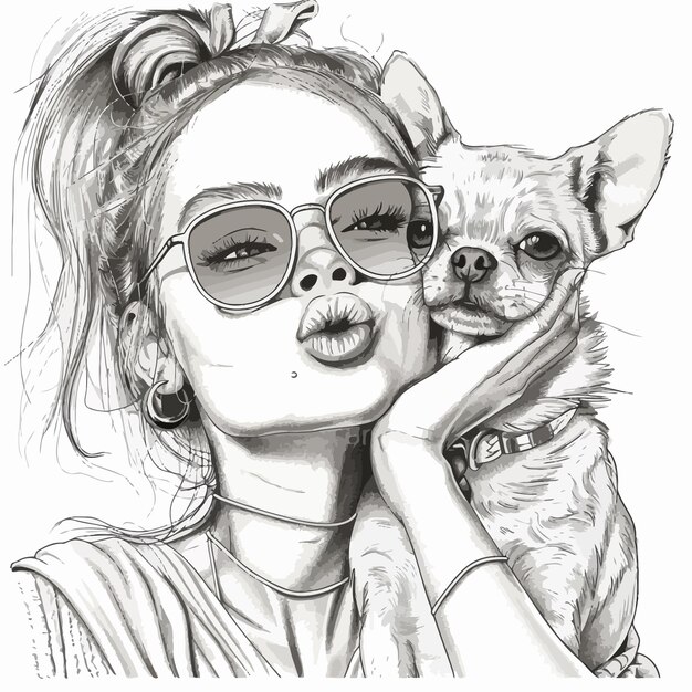 un dibujo de una mujer con un perro y gafas