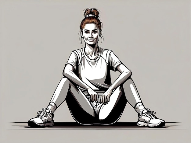 Un dibujo de una mujer sentada en una alfombra con una imagen de una mujer en ella